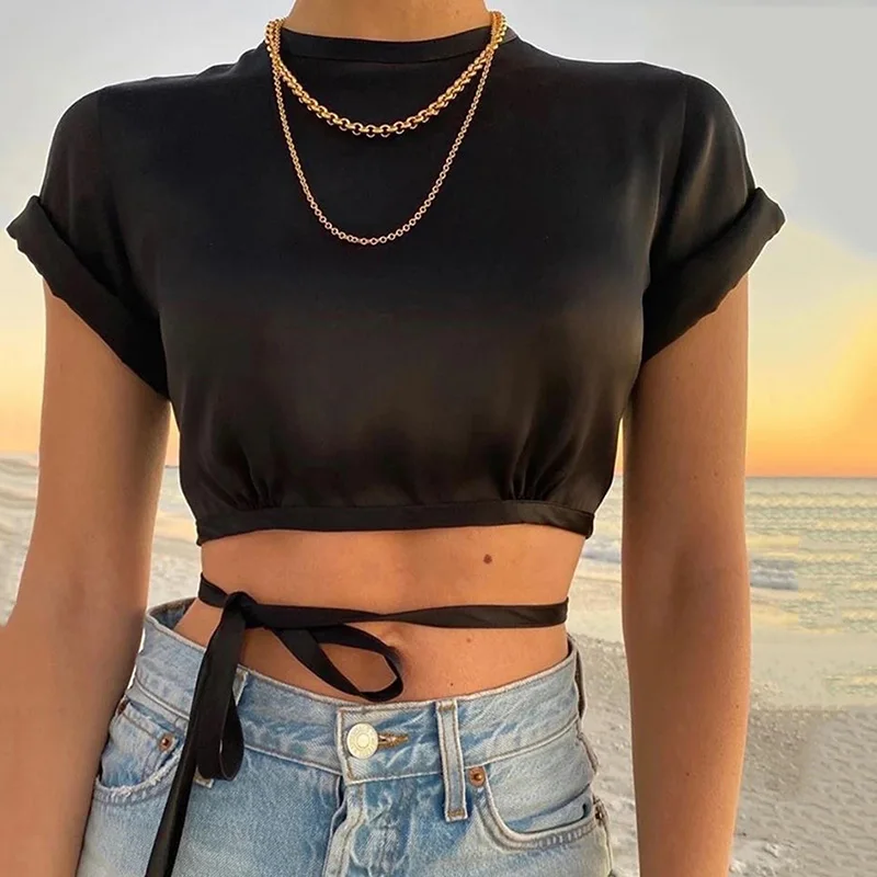 2021 New Fashion Women Korean Crop Top Short Sleeve Solid Color Tie Up T-shirt Satin Silk Y2k Girls Backless Sexy Tops Summer
2021 New Fashion Women Korean Crop Top Short Sleeve Solid Color Tie Up T-shirt Satin Silk Y2k Girls Backless Sexy Tops Summer