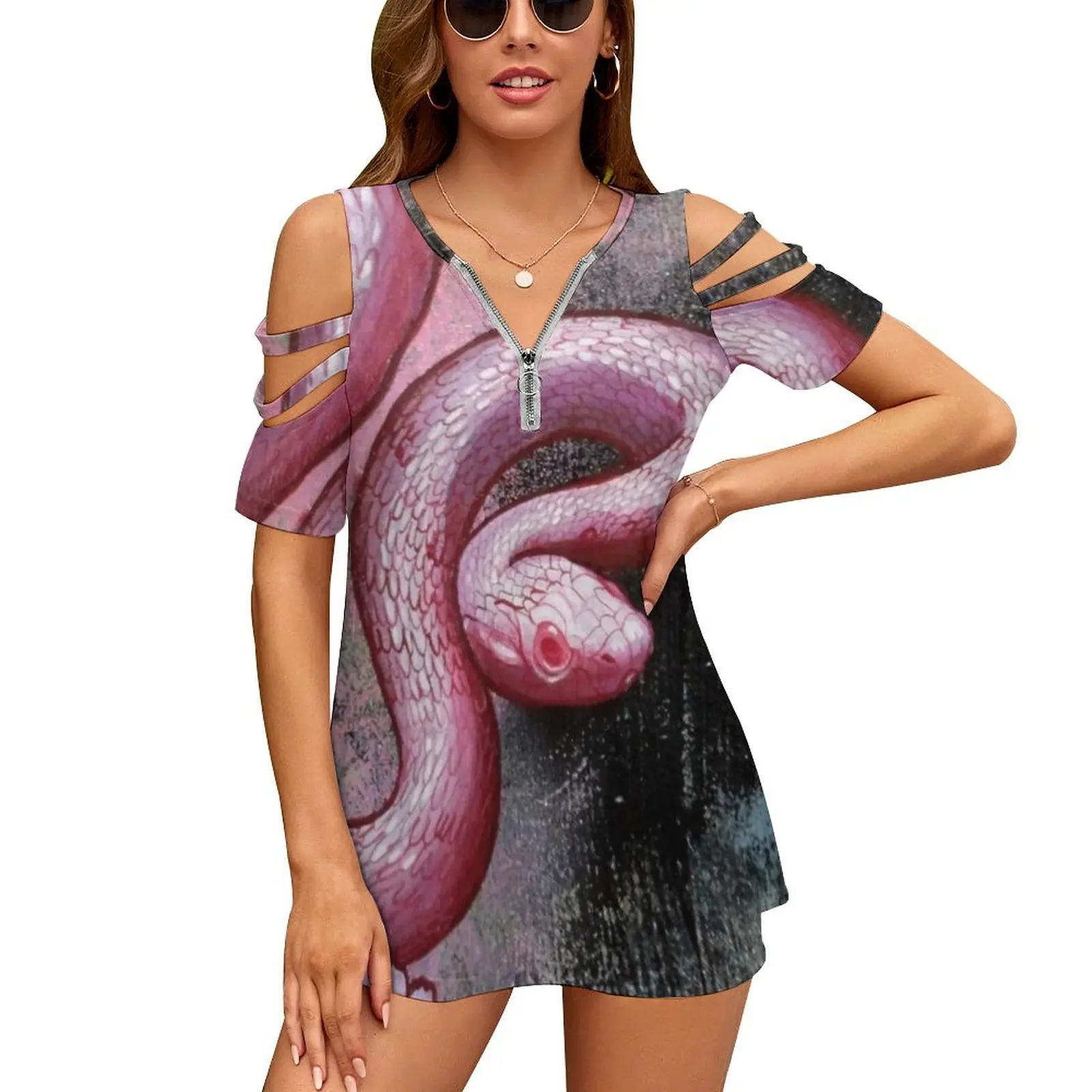 

Змеиная Женская футболка на молнии с принтом, пикантный винтажный Топ, футболка с принтом змеи, дикой природы, змеи, южнобоковые змеи, розовы...