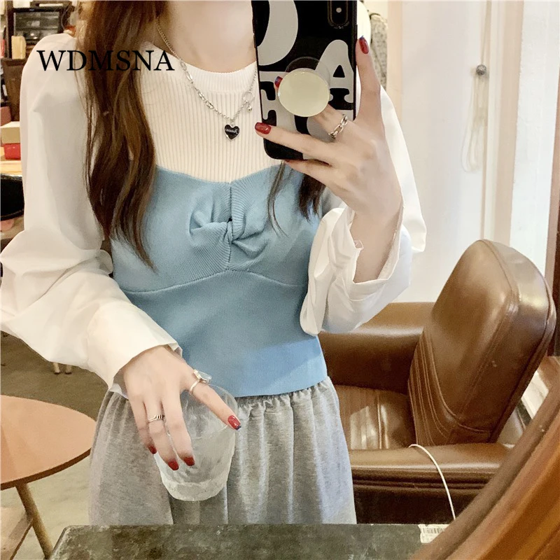 WDMSNA Fake Two-piece Long Sleeve Pullover Femme Autumn French Chic Round Neck Sweaters Puff Sleeve Knitted Sweater Women Top
WDMSNA Fake Two-piece Long Sleeve Pullover Femme Autumn French Chic Round Neck Sweaters Puff Sleeve Knitted Sweater Women Top