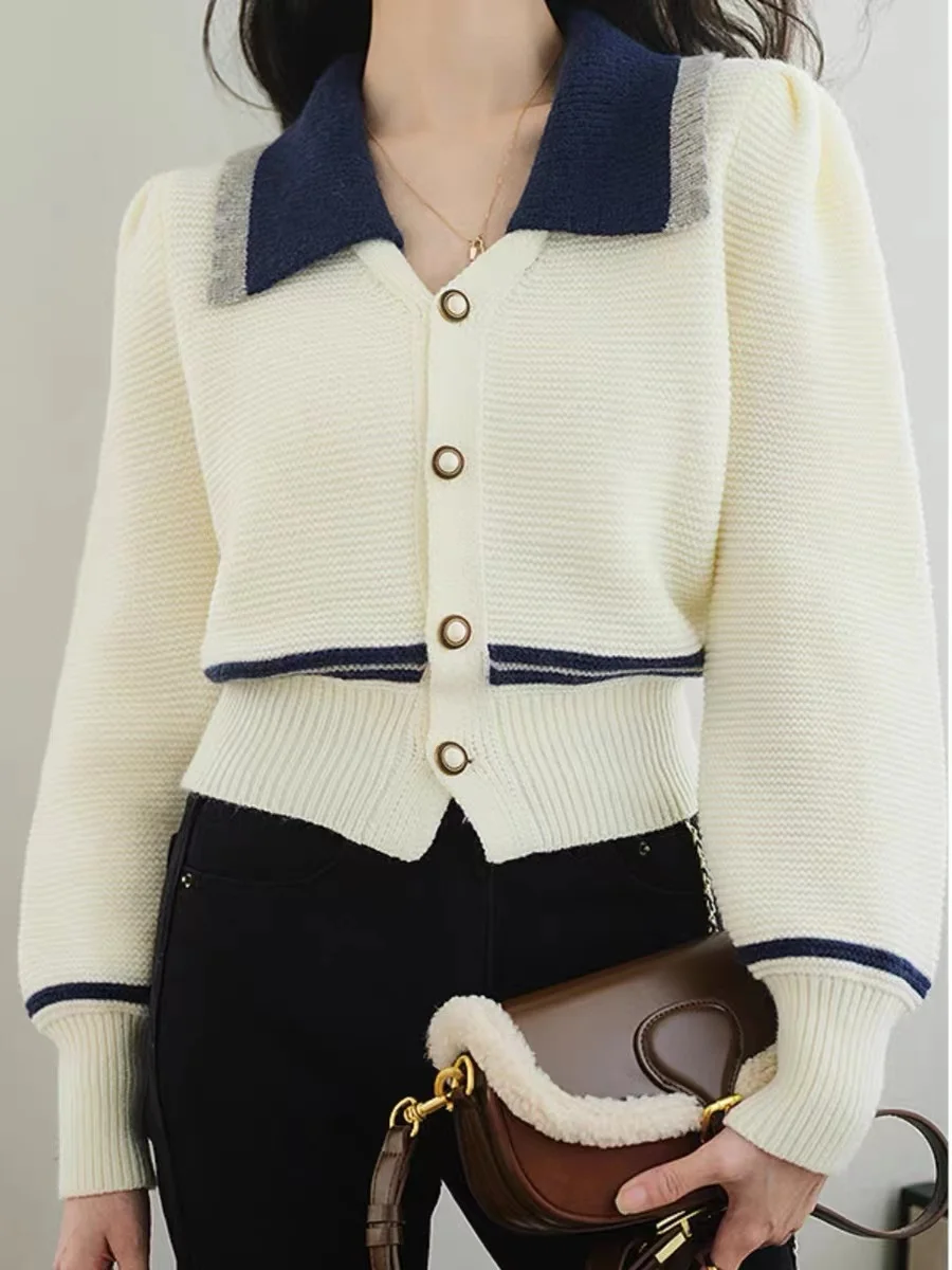 Contrast Turn-down Collar Knitted Cardigans Women Vintage Lantern Sleeve Sweater Top Female Fall Winter Stripe Cropped Cardigan
Contrast Turn-down Collar Knitted Cardigans Women Vintage Lantern Sleeve Sweater Top Female Fall Winter Stripe Cropped Cardigan