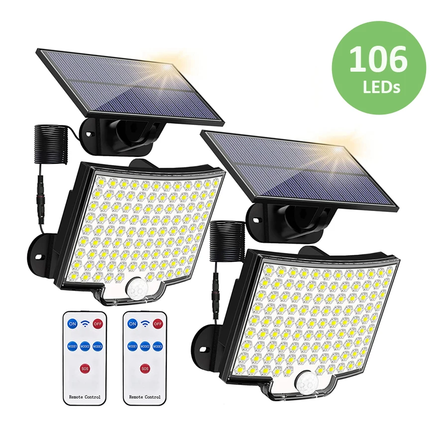 Outdoor Solar Lights 106 LED Super Bright 4 Modes Motion Sensor Wall Light IP65 Waterproof Flood Light with Remote for Garden 
Outdoor Solar Lights 106 LED Super Bright 4 Modes Motion Sensor Wall Light IP65 Waterproof Flood Light with Remote for Garden