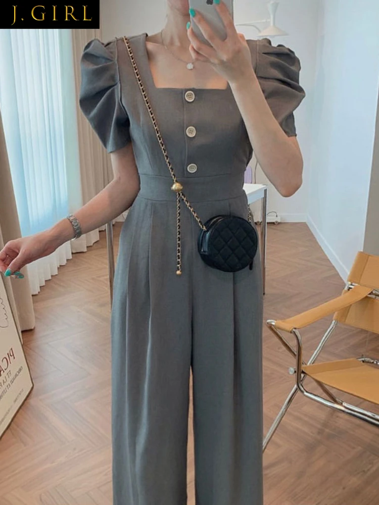 J GIRLS Women Jumpsuit Temperament Square Collar Single Breasted Puff Sleeve Thin Long Wide Leg Jumpsuits Summer Casual Trouser
J GIRLS Women Jumpsuit Temperament Square Collar Single Breasted Puff Sleeve Thin Long Wide Leg Jumpsuits Summer Casual Trouser