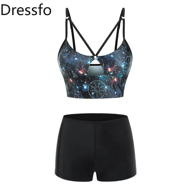 

Dressfo Astrology Galaxy Print Tankini Swimwear Strappy Keyhole Boyshorts Mix and Match Swimsuit Beach Bathing Suit Women 2023
