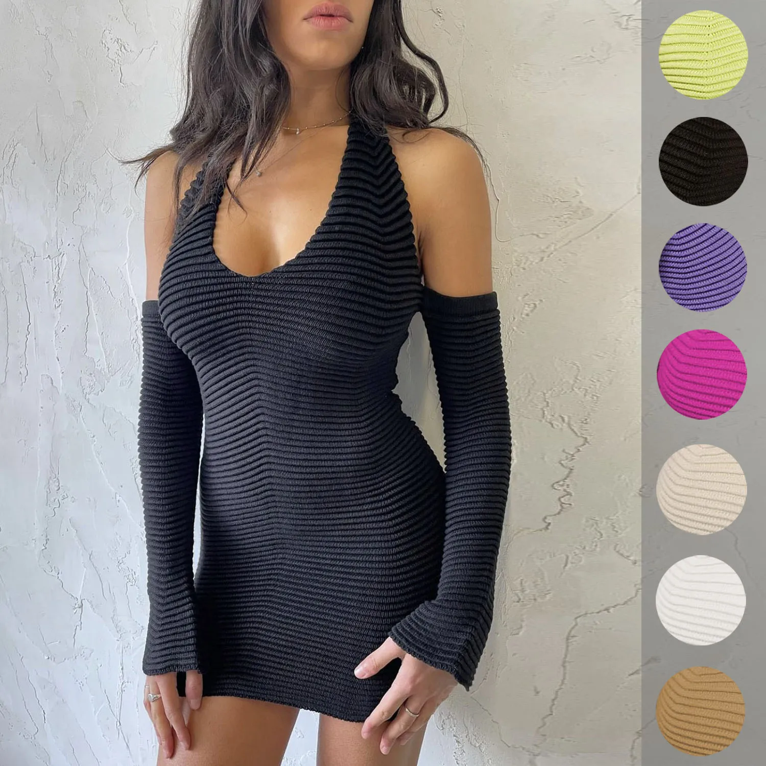 

Women Long Sleeve Deep V Neck Hollow Out Ruched Mini Dresses High Elasticity Knitwear 2022 Bodycon Sexy Streetwear Party Clothes