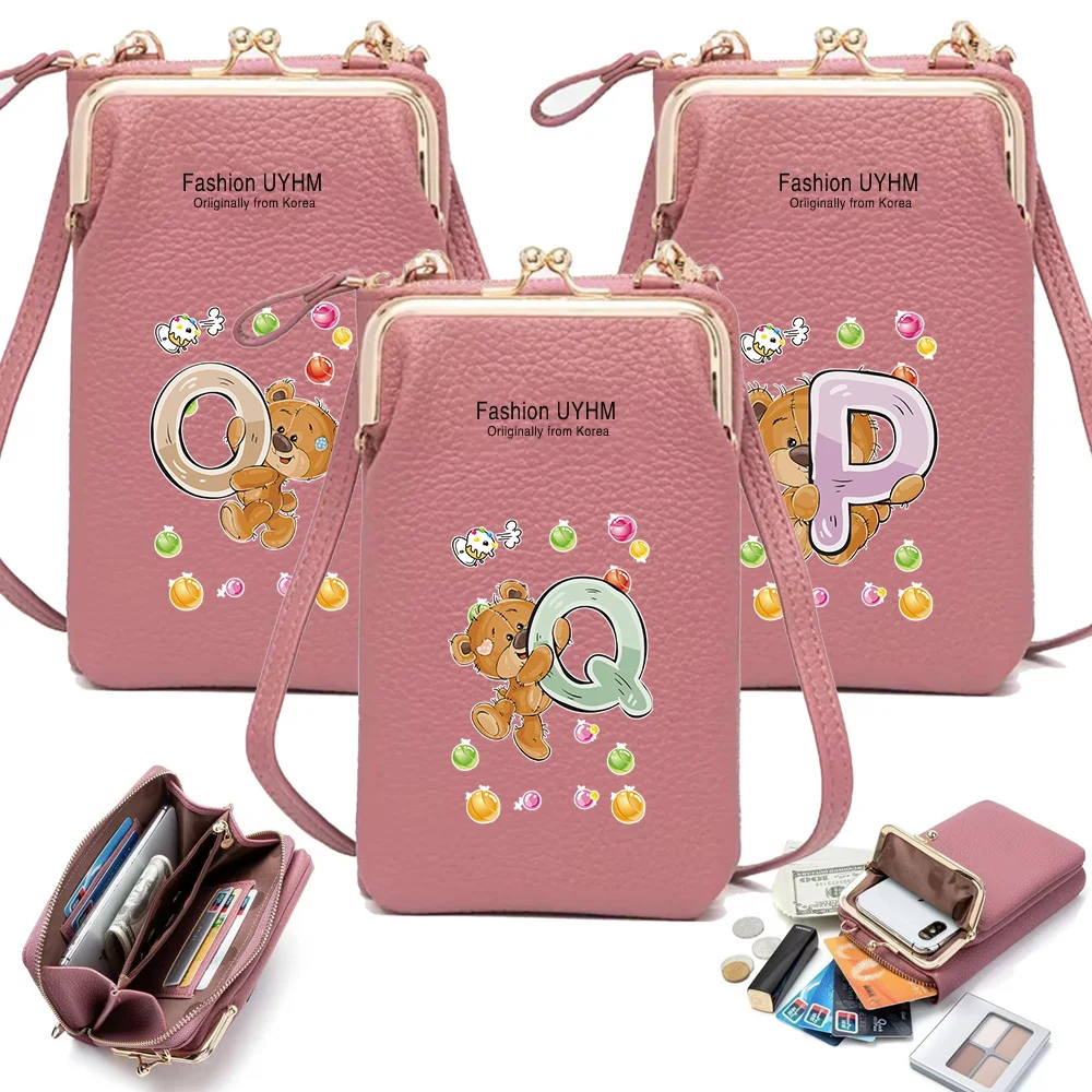 

Женские сумки через плечо для телефона, Дамская розовая матовая кожаная сумка-мессенджер через плечо с принтом медведя и надписью, клатч, сумка-кошелек, сумочка
