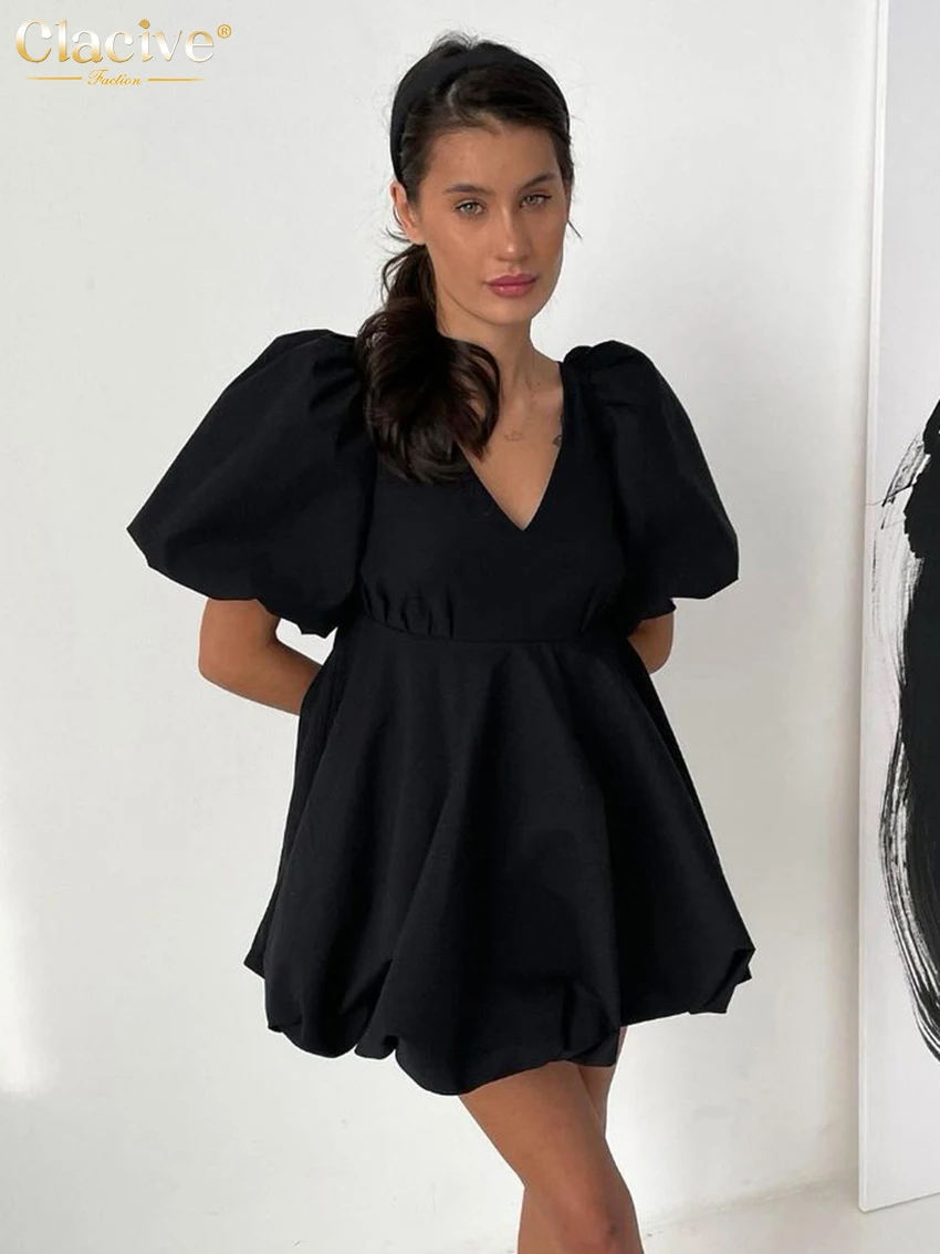 

Сексуальное свободное Черное женское платье Clacive, лето 2023, мини-платья с глубоким V-образным вырезом и пышными рукавами, модное женское плать...