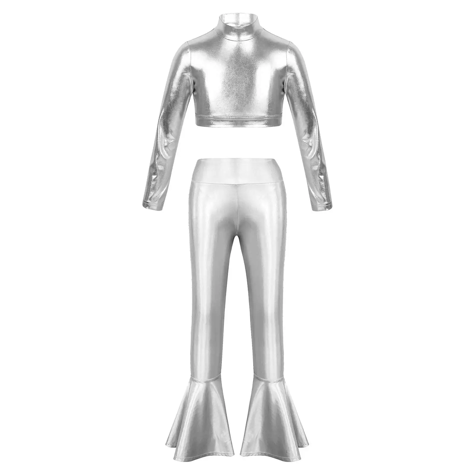 

Kid Girl Glossy Metallic Long Sleeves Mock Neck Crop Top with High Waist Bell-bottoms Pants Practice for Dance Stage Performance