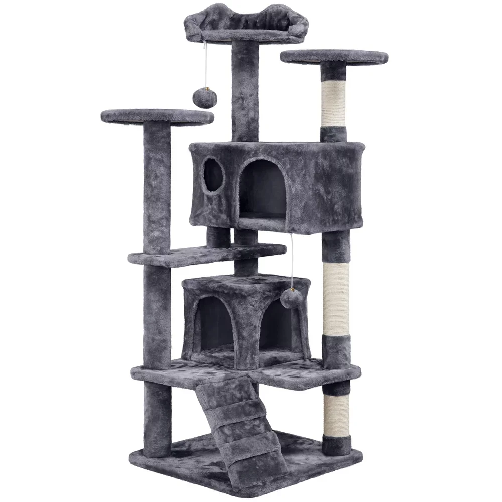 

54.5" Double Condo Cat Tree with Scratching Post Tower, Dark Gray, Cat Climbing Racks, So That Cats Can Play Happily At Home