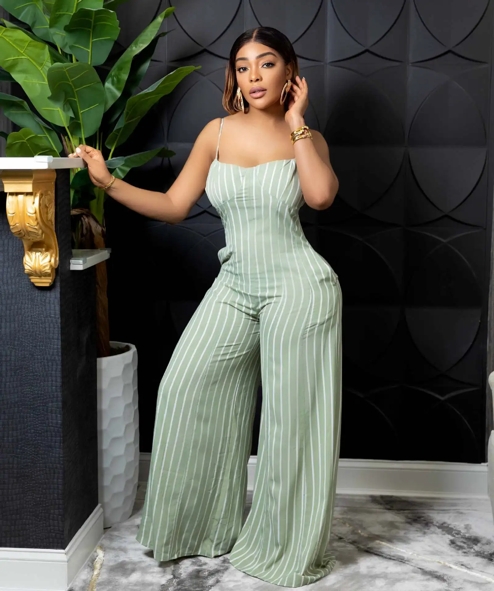 Women Spaghetti Strap Striped High Waist Sleeveless Straight Wide Leg Jumpsuit 2023 Summer Street Elegant Playsuit 
Women Spaghetti Strap Striped High Waist Sleeveless Straight Wide Leg Jumpsuit 2023 Summer Street Elegant Playsuit