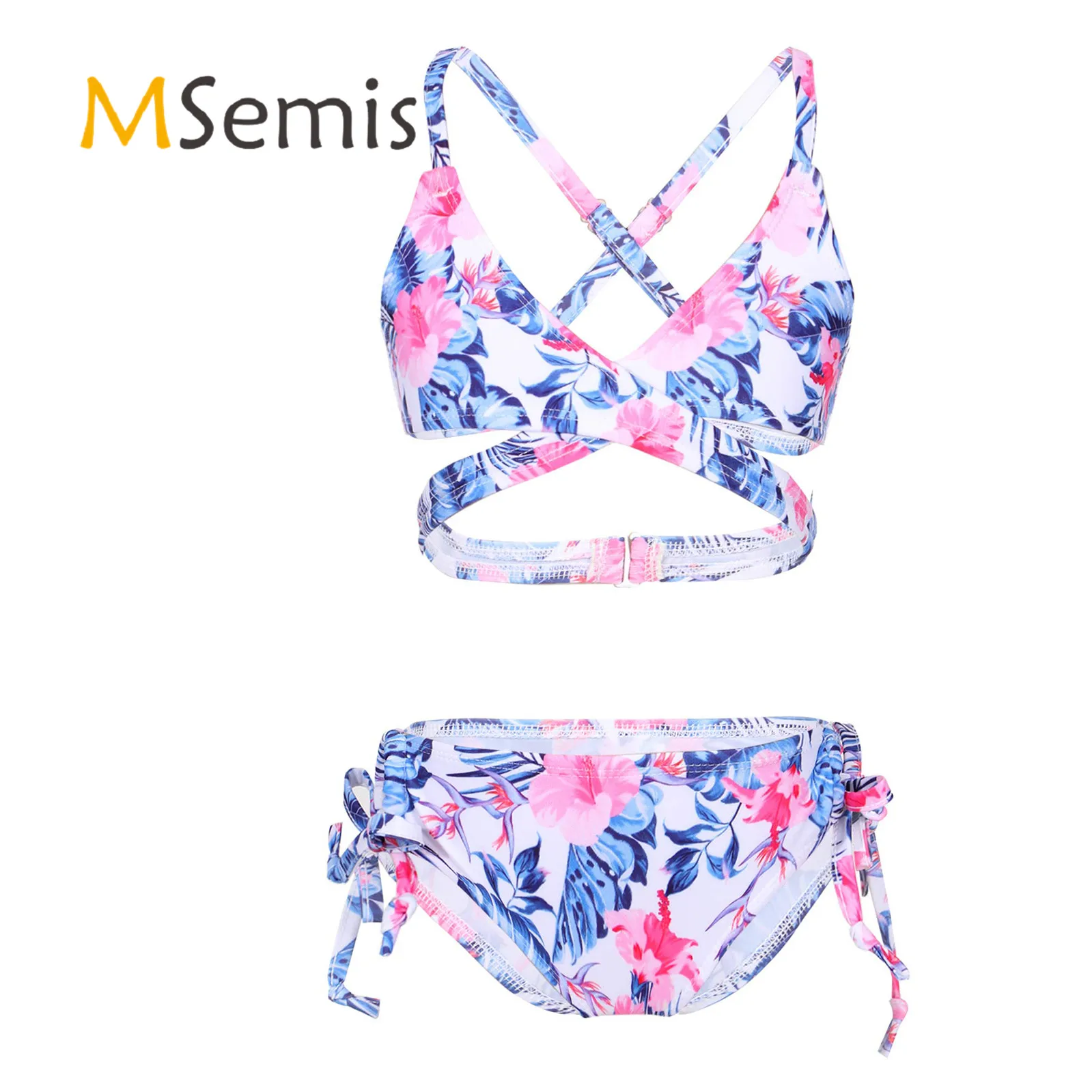 

2Pc Kids Girls Floral Print Bikini V Neck Criss Cross at Rear Triangle Bra Strap Clip Closure Low Waist Brief Drawstring at Side