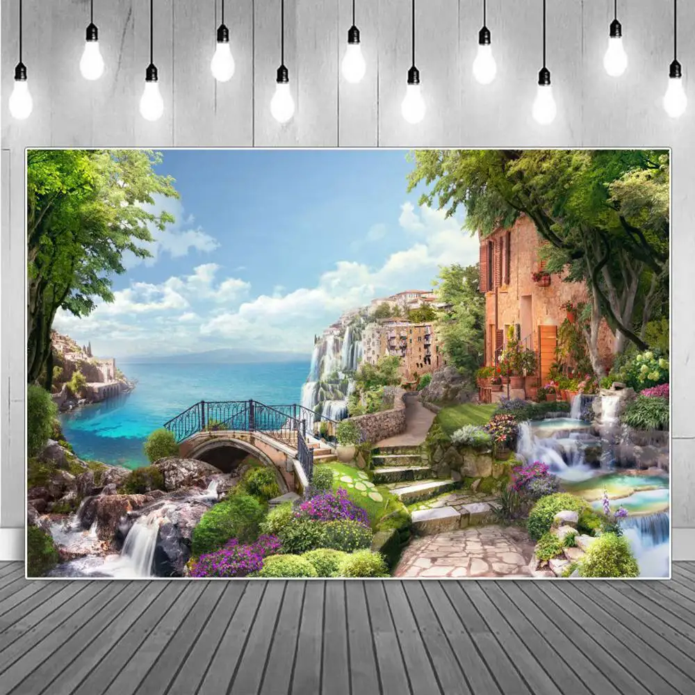 

Seaside Mountain Town Garden Landscape Photography Backdrops Waterfall Bridge Flowers Pathway Stair Decoration Photo Backgrounds