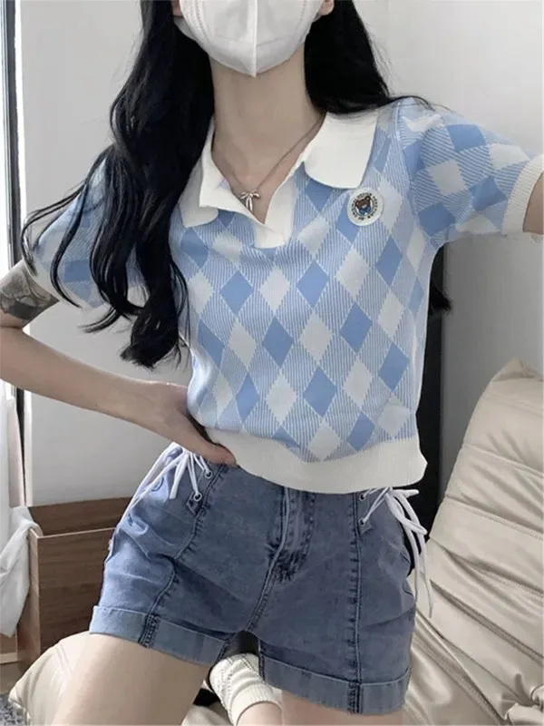 V Neck Vintage Plaid Sweater Women Blue Short Sleeve Pullover Plaid Knitted Crop Sweaters Casual Summer Preppy Style Tops Ladies
V Neck Vintage Plaid Sweater Women Blue Short Sleeve Pullover Plaid Knitted Crop Sweaters Casual Summer Preppy Style Tops Ladies