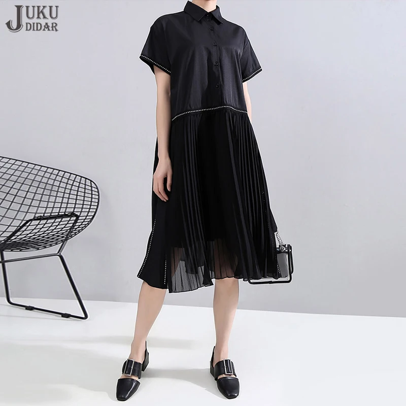 Solid Black Short-Sleeve New Woman Big Size Summer Casual Midi Pleated Shirt Dress Loose Fit Japanese Style Large Robe LLMD006
Solid Black Short-Sleeve New Woman Big Size Summer Casual Midi Pleated Shirt Dress Loose Fit Japanese Style Large Robe LLMD006