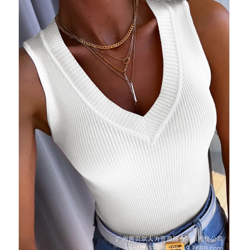 

Women Solid Color Camis Tanks Tops Spring Summer Sexy V-Neck Sleeveless Ribbed Basics Tank Top