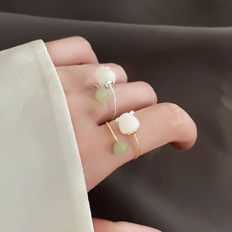 

VENTFILLE 925 Stamp Silver Gold Color Hetian Jade Ring for Women Girl Gift Flower Jewelry Dropship Wholesale