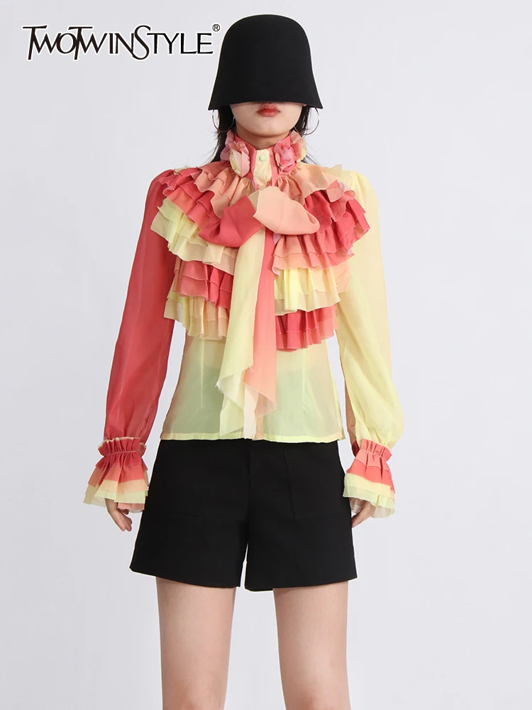 TWOTWINSTYLE Hit Color Shirts For Women Bowknot Collar Long Sleeve Patchwork Ruffles Casual Blouse Female Fashion Clothing 2023
TWOTWINSTYLE Hit Color Shirts For Women Bowknot Collar Long Sleeve Patchwork Ruffles Casual Blouse Female Fashion Clothing 2023