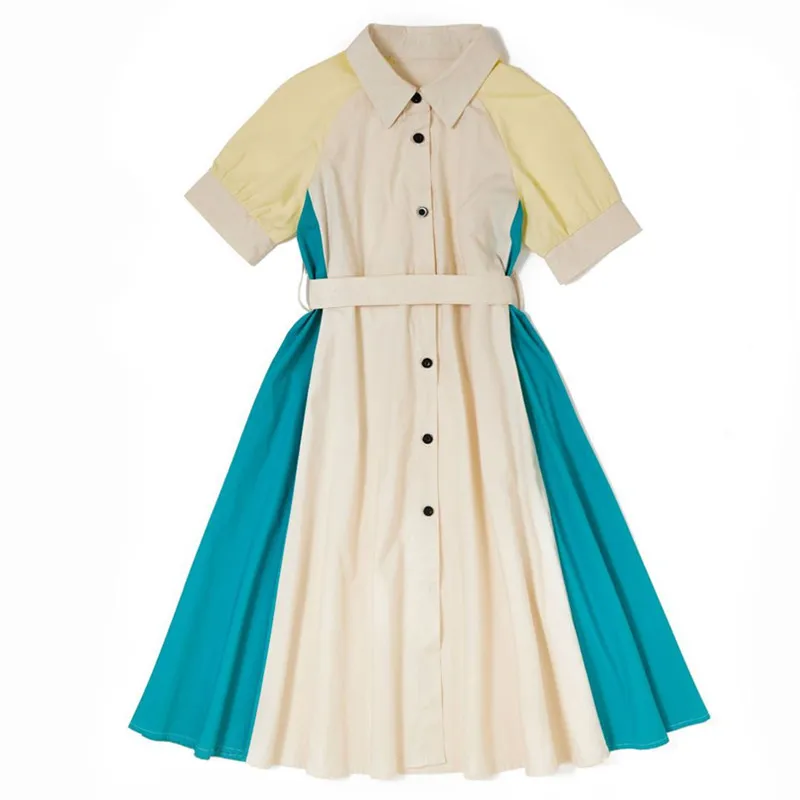

MODX 6 to 16 years kids teen colorblock midi shirt dress children girl fashion summer cotton casual flare buttoned dresses