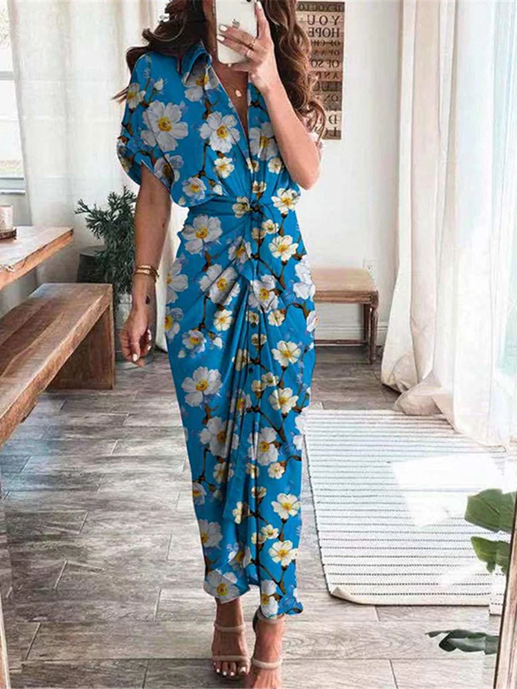 Summer Fashion Button Ruched Dress Women Casual Short Sleeve Printed Dress Female Elegant Party Dress Robe
Summer Fashion Button Ruched Dress Women Casual Short Sleeve Printed Dress Female Elegant Party Dress Robe