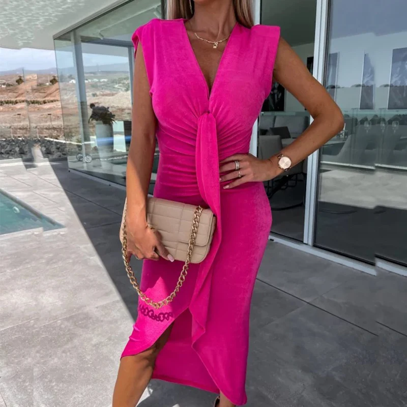 Summer Solid Color Pleated Design Banquet Dress Sexy Deep V-neck Bodycon Long Dress Elegant Sleeveless Draped Split Party Dress
Summer Solid Color Pleated Design Banquet Dress Sexy Deep V-neck Bodycon Long Dress Elegant Sleeveless Draped Split Party Dress