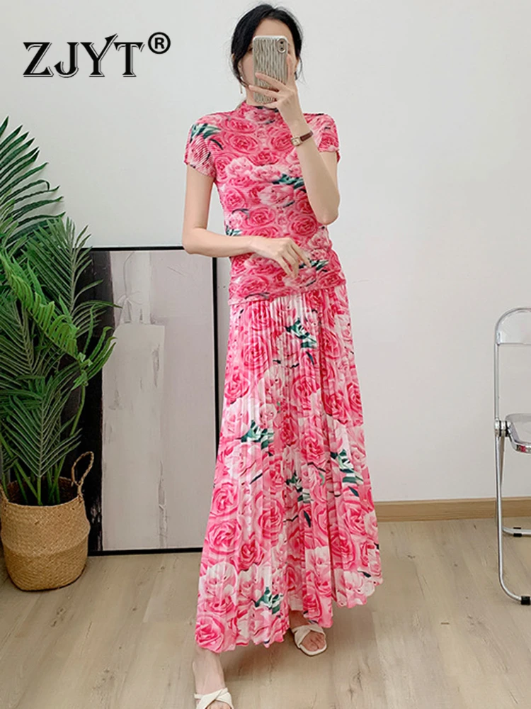 

ZJYT Summer Pink Floral Dress Sets Conjuntos De Falda Midi Pleated Skirt Top Two Piece Set for Women Outfit Party Ensembles Robe