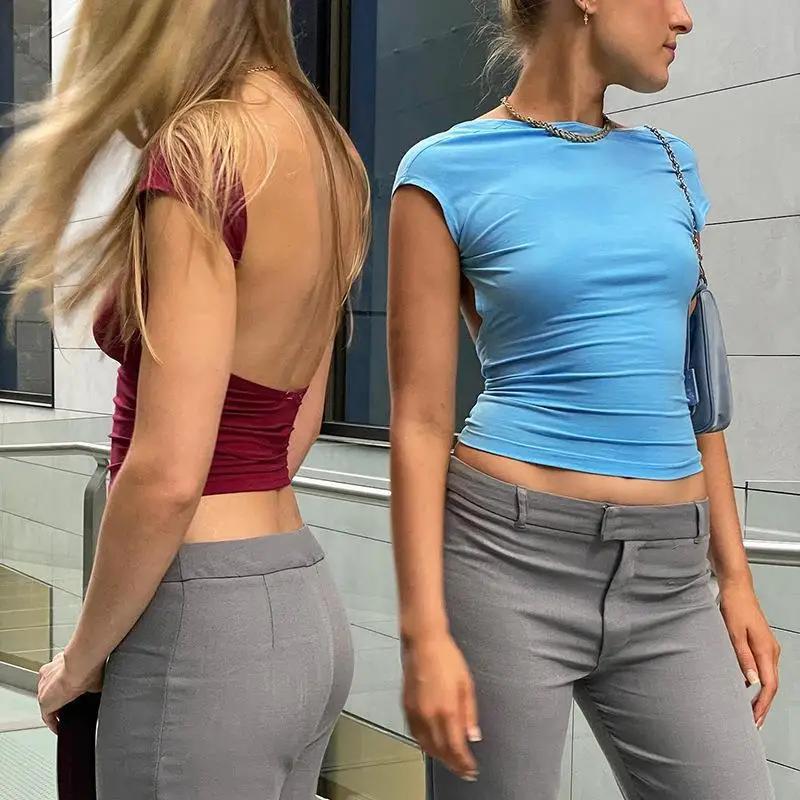 Женская облегающая футболка с коротким рукавом, однотонная облегающая футболка с открытой спиной, модель Y2K на лето, 2022 
Женская облегающая футболка с коротким рукавом, однотонная облегающая футболка с открытой спиной, модель Y2K на лето, 2022