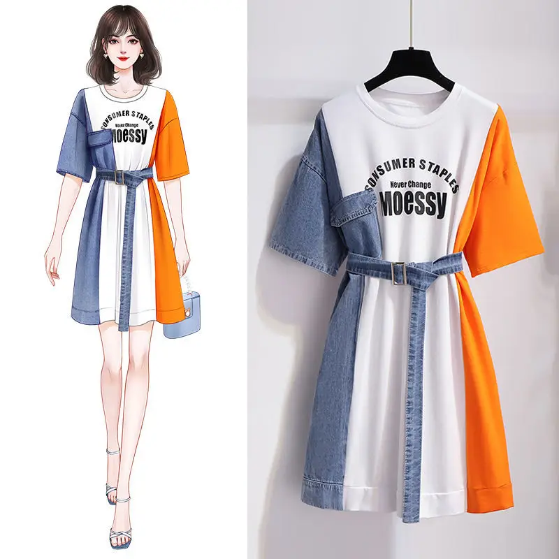 Fashion irregular stitching denim dress skirt 2022 summer women's T-shirt letter dress Street casual wear
Fashion irregular stitching denim dress skirt 2022 summer women's T-shirt letter dress Street casual wear