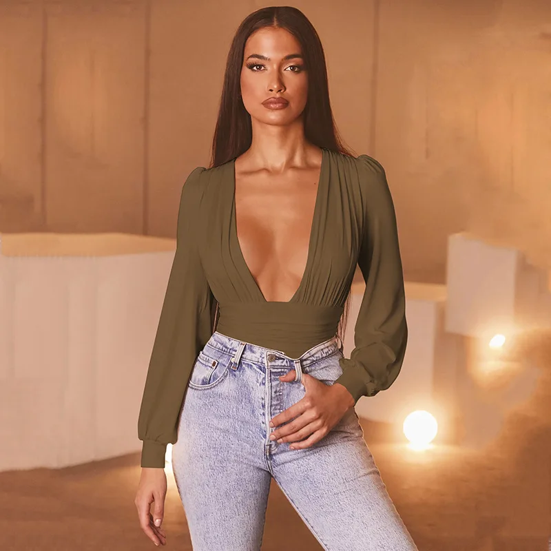 Girls Green Summer Beachwear Women Long Sleeve Tops Tees V Neck Sexy Pleated Bodycon Bodysuit Female Slim Fit Party Clubwear 
Girls Green Summer Beachwear Women Long Sleeve Tops Tees V Neck Sexy Pleated Bodycon Bodysuit Female Slim Fit Party Clubwear