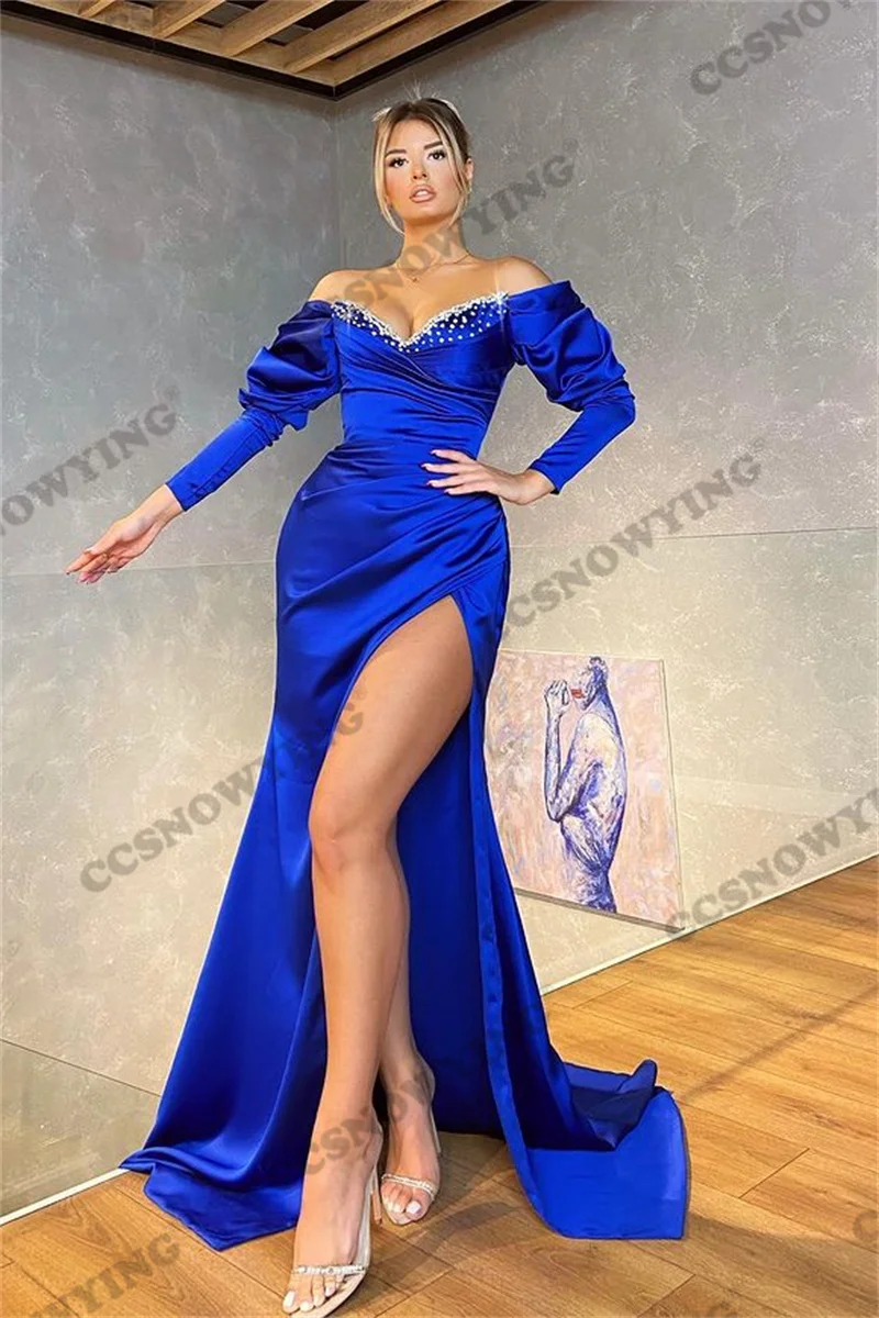 Satin Beaded Long Sleeve Prom Dresses Mermaid Formal Evening Party Gown High Slit Off Shoulder Women Robe De Soiree
Satin Beaded Long Sleeve Prom Dresses Mermaid Formal Evening Party Gown High Slit Off Shoulder Women Robe De Soiree