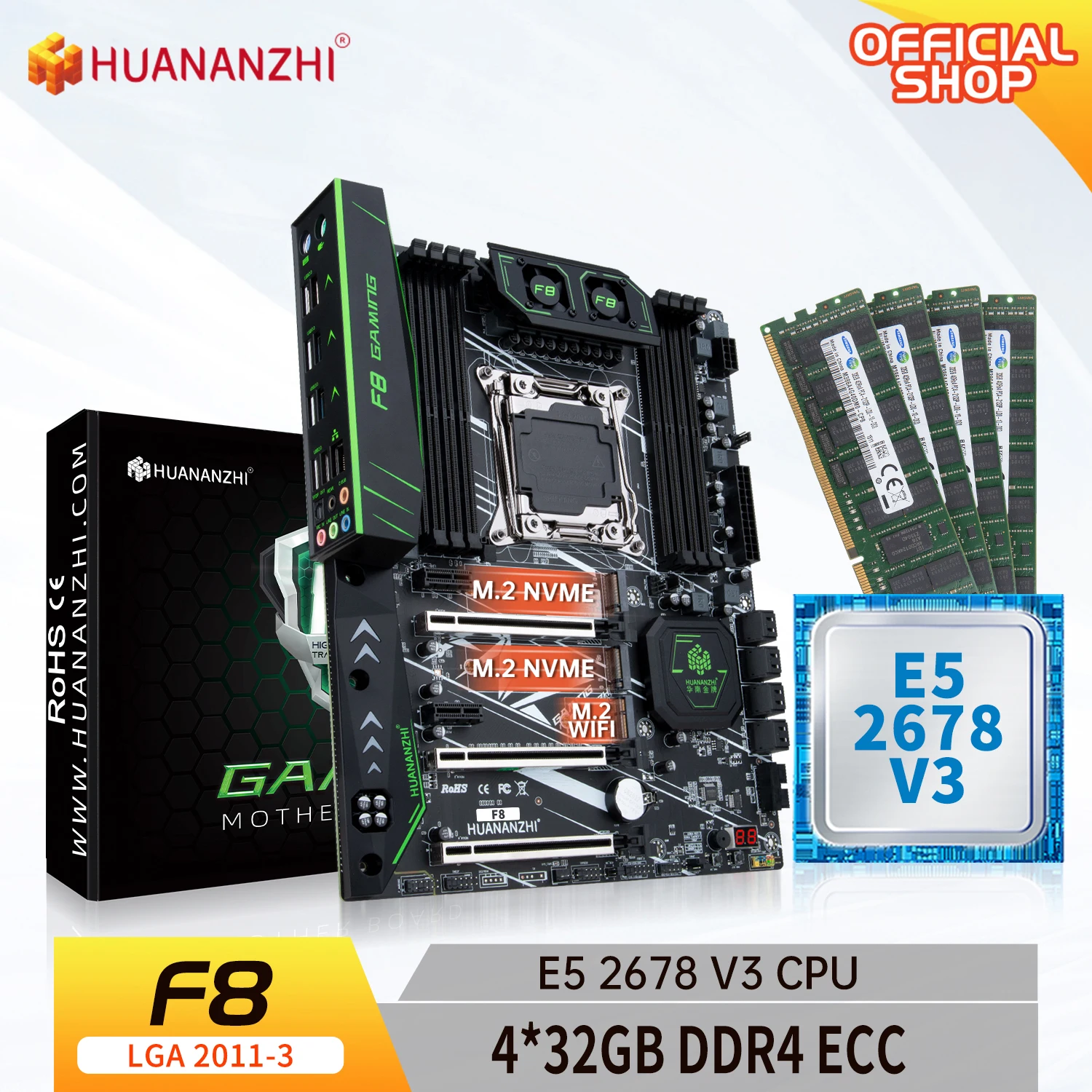 

HUANANZHI X99 F8 LGA 2011-3 XEON X99 Motherboard with Intel E5 2678 v3 with 4*32G DDR4 RECC memory combo kit set NVME SATA USB