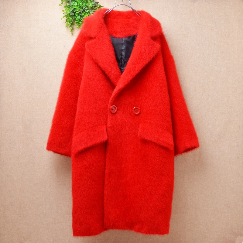 

1.3KG Heavy Thick Female Women Christmas Red Hairy Plush Mink Cashmere Knitted Suit Collar Loose Long Sweater Cardigans Coat Top