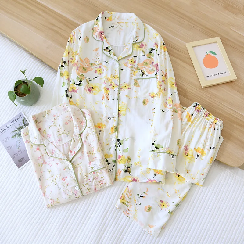 Women's Floral Lapels Pajamas Long-sleeved Trousers Home Suit Plus Size 2 Piece Set Summer Pijamas Sexy Nightwear Shein Clothing
Women's Floral Lapels Pajamas Long-sleeved Trousers Home Suit Plus Size 2 Piece Set Summer Pijamas Sexy Nightwear Shein Clothing