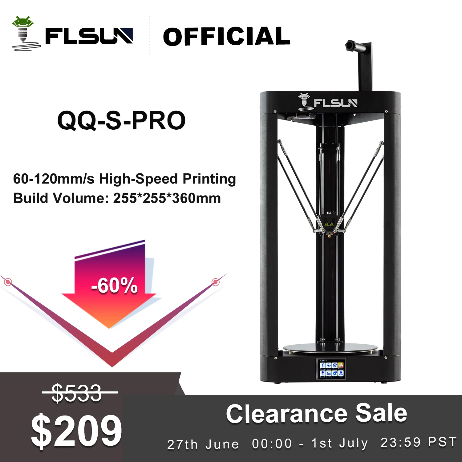 

FLSUN QQ-S-PRO 3D Printer High Speed Large Size 255*360mm Kossel Delta Auto Leveling Touch Screen Easy Assemble 32-Bit Board