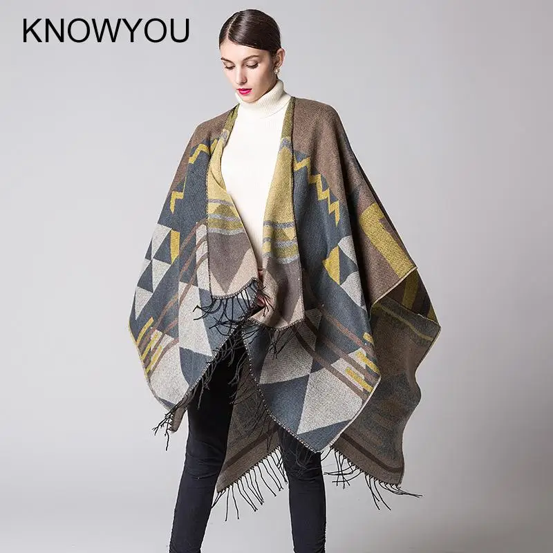 

Womens Imitation Cashmere Cloak Shawl Female Capes Thickening Warm Ponchos Coat Ladies Pashmina Winter Ruanas Para Mujer Bufanda