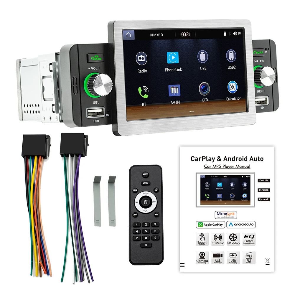 Автомагнитола 1Din, MP5-плеер с 5-дюймовым сенсорным экраном, для CarPlay, Android, с поддержкой MirrorLink, Bluetooth, FM-радио
Автомагнитола 1Din, MP5-плеер с 5-дюймовым сенсорным экраном, для CarPlay, Android, с поддержкой MirrorLink, Bluetooth, FM-радио
