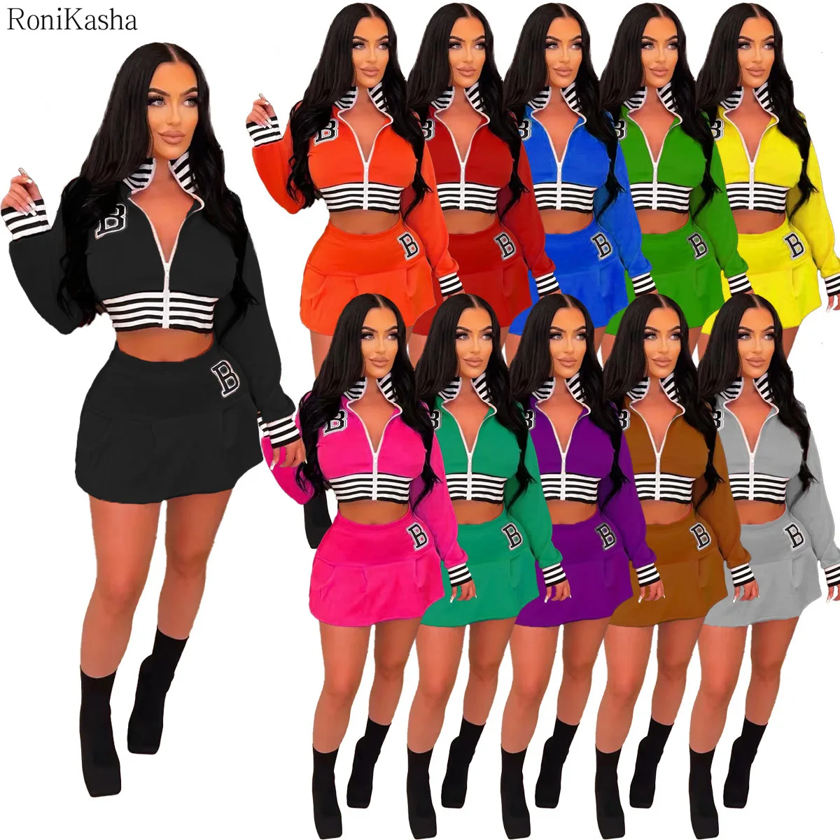 2022 Baseball Uniform Matching Sets Women Casual Fall Two Piece Outifits Tracksuit Long Sleeve Zip Jacket and Mini Skirt Suits
2022 Baseball Uniform Matching Sets Women Casual Fall Two Piece Outifits Tracksuit Long Sleeve Zip Jacket and Mini Skirt Suits
