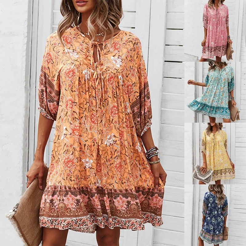 Boho V-Neck Lace-Up Floral Summer Dress Ladies Mini Vintage Dresses Women Casual Loose Beach Party Robe
Boho V-Neck Lace-Up Floral Summer Dress Ladies Mini Vintage Dresses Women Casual Loose Beach Party Robe