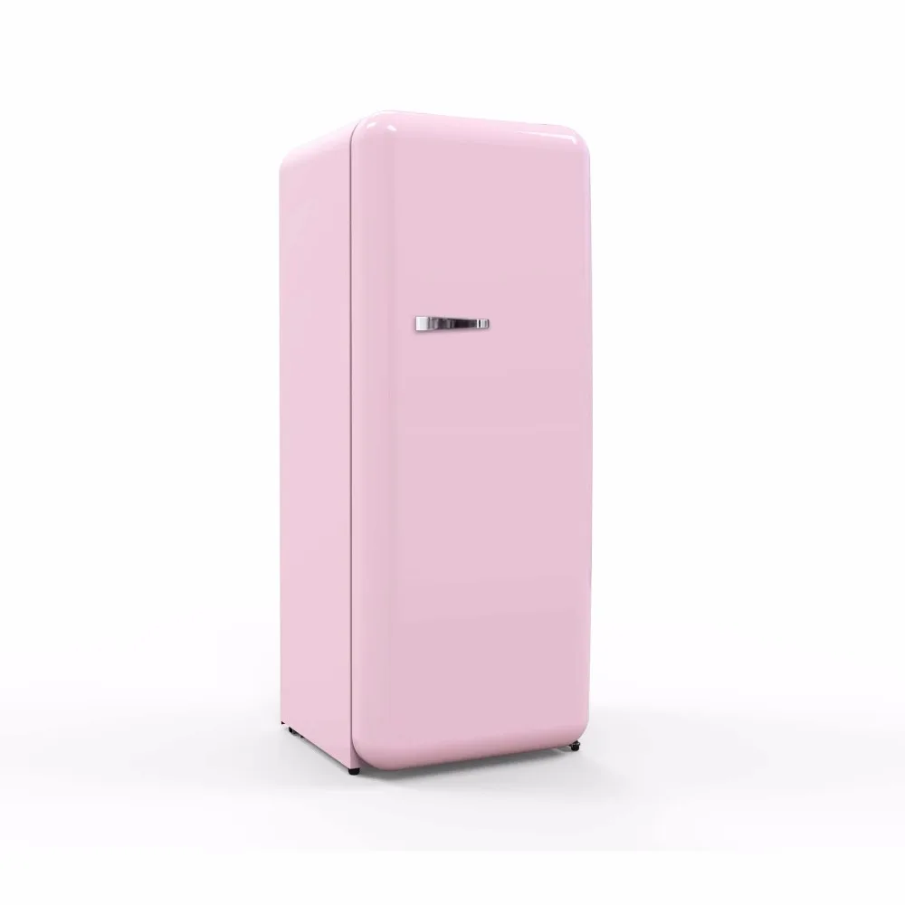 

Pink smeg retro refrigerator with optional finish and large capacity curved upright fridge with freezer and fridge part