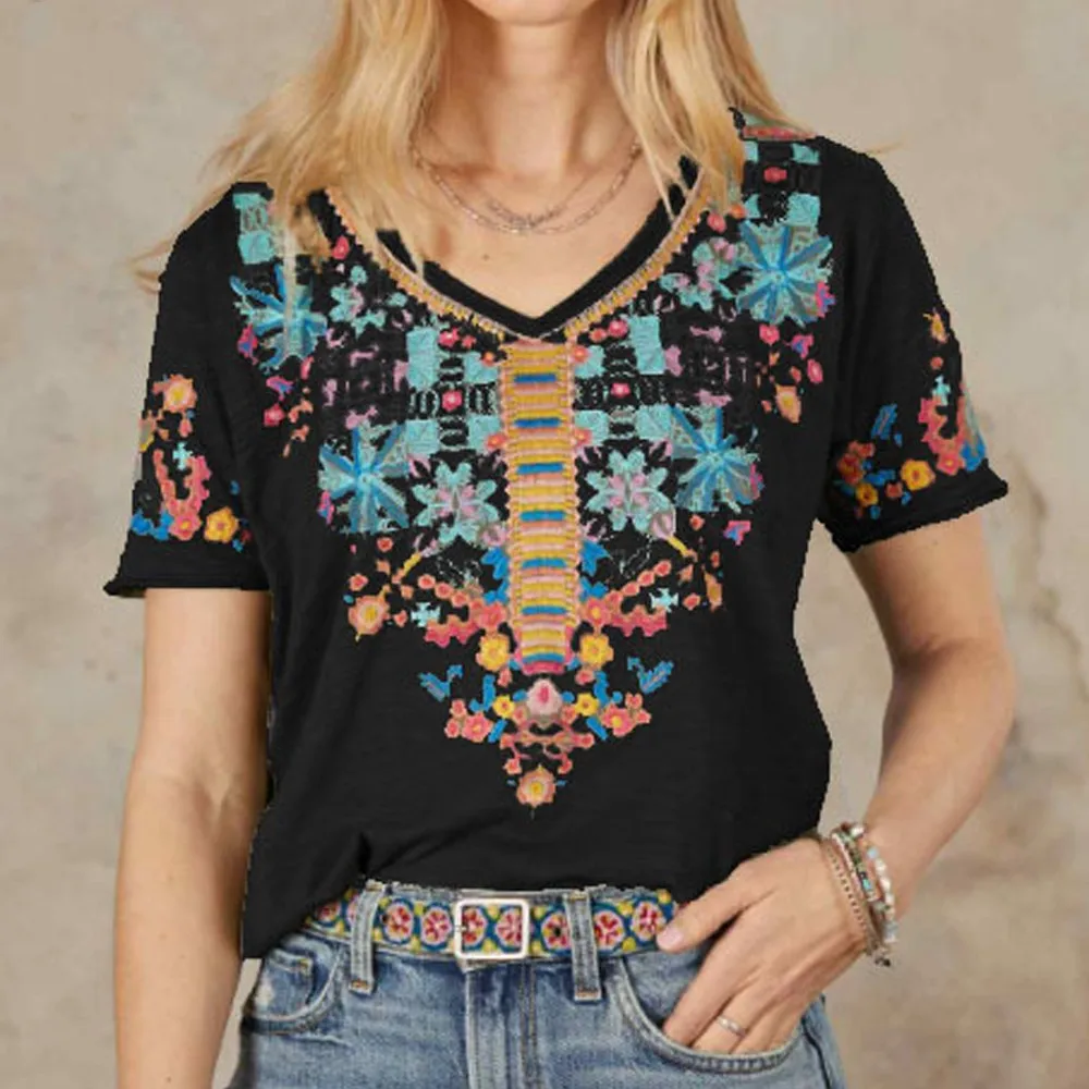 Vintage Women's T Shirts Ethnic Print Tee Summer Clothing Casual Loose New V Neck Oversized Tops Girls Bohemian Apparel Camiseta
Vintage Women's T Shirts Ethnic Print Tee Summer Clothing Casual Loose New V Neck Oversized Tops Girls Bohemian Apparel Camiseta