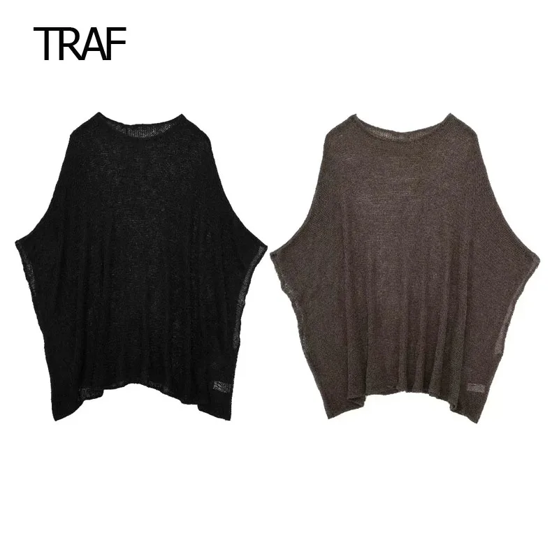 

TRAF Knitted Poncho for Women Capes Coat 2023 Autumn Outerwear Cape Shawl Coat Knitting Cape Sleeves Large Size Ladies Sweater