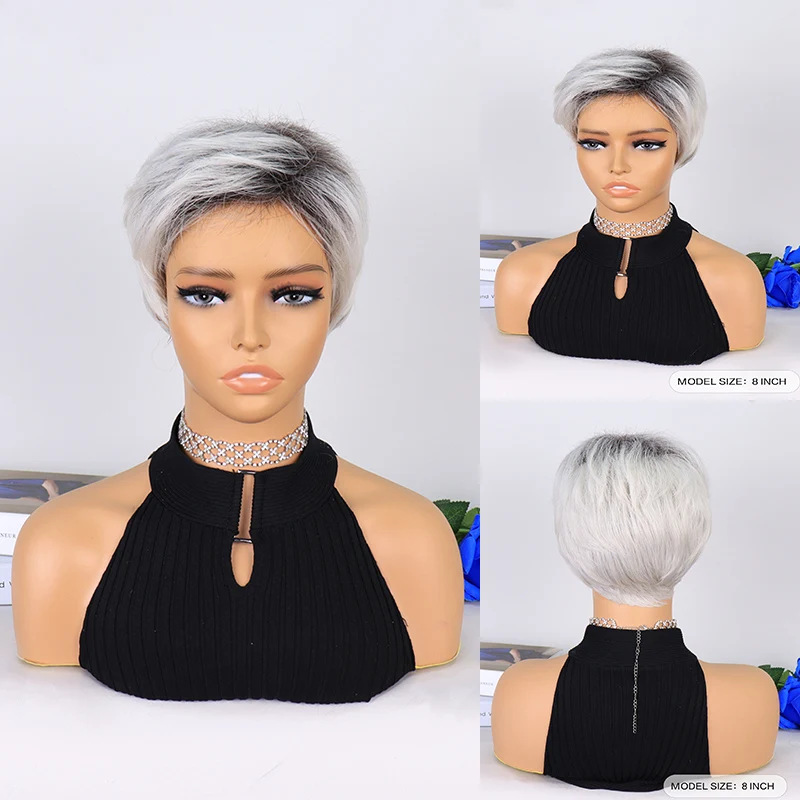 

Ladies Short Gradient Gray Synthetic Wig Pixie Cut Hairstyle Straight Wig With Bang For Women Daily Use Heat Resistant Fiber