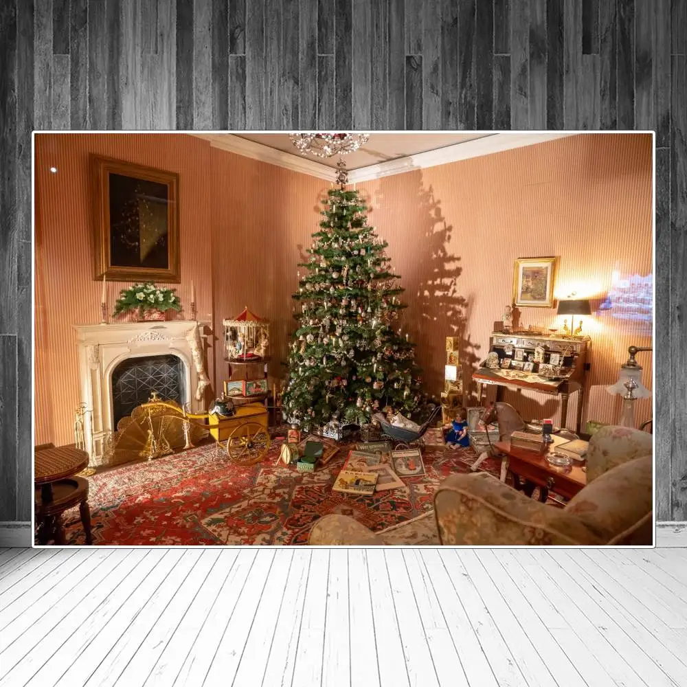 

Фон для фотосъемки с изображением рождественской елки камина книг ковровой комнаты