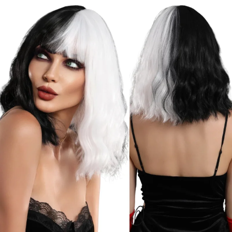 

Cosplay Wigs Cruella Devil Wig for Women Halloween Synthetic Hair Half White Half Black Natural Bob Wavy Wig with Bangs