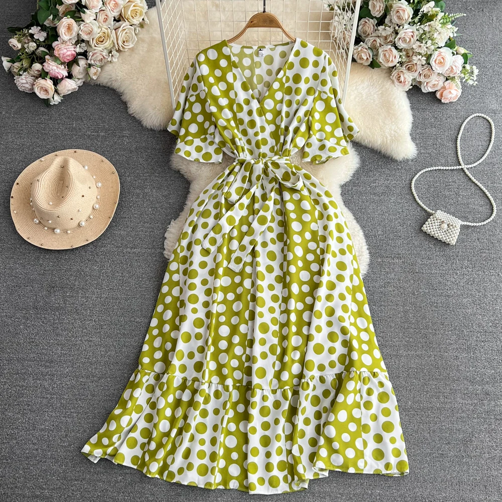 Summer Fairy Short-sleeved V-neck Ruffled Polka Dotted Belted Elegant A-line Swing Long Dress
Summer Fairy Short-sleeved V-neck Ruffled Polka Dotted Belted Elegant A-line Swing Long Dress