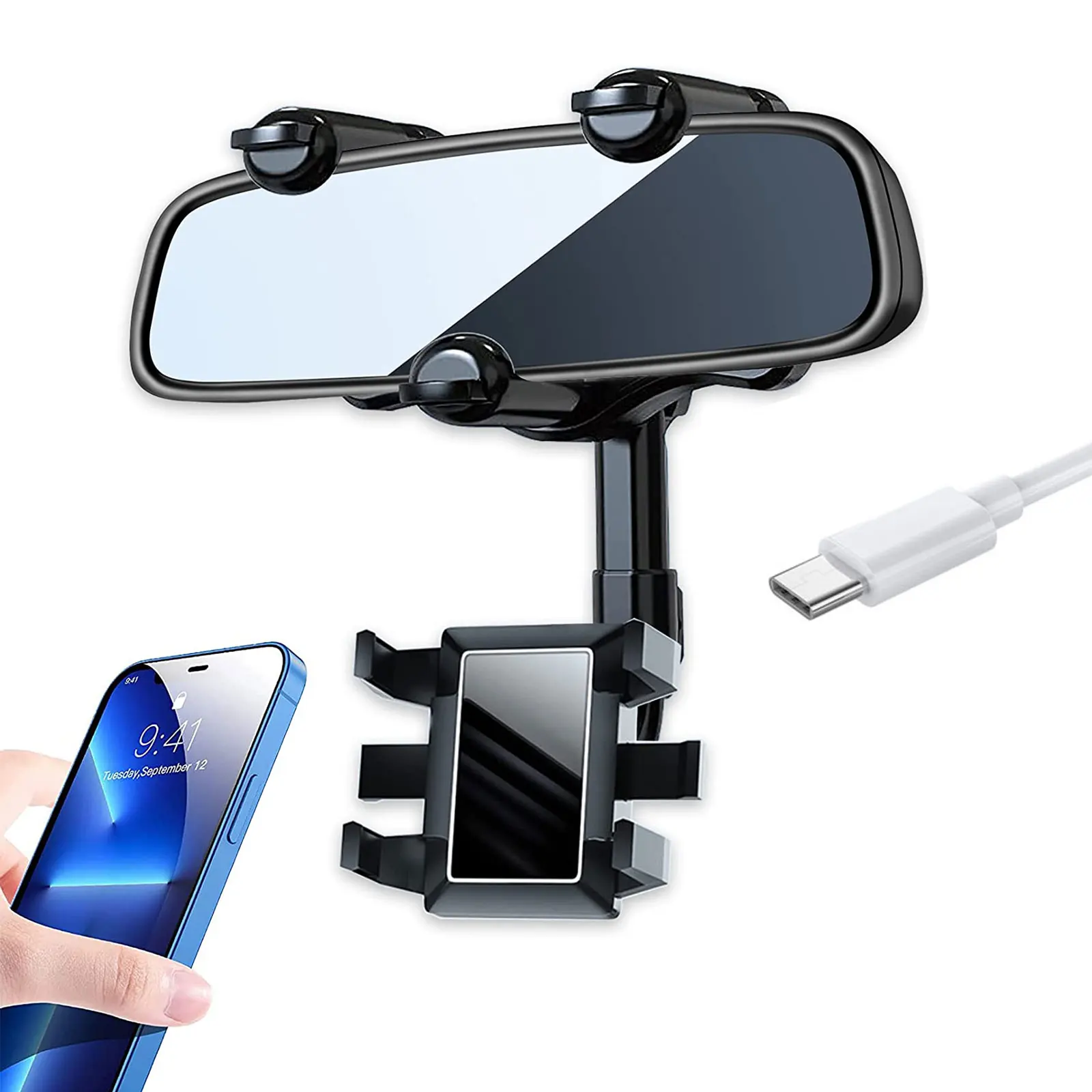 

Rearview Mirror Phone Holder for Car,Rotatable and Retractable Car Phone Holder with Adjustable Length Upgraded for All Phones