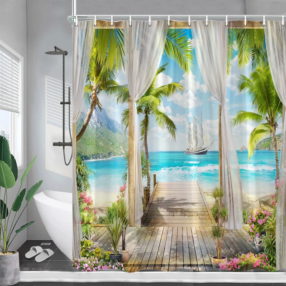

Ocean Landscape Shower Curtains Sea Island Coconut Tree Flowers Plants Sailboats Nature Scenery Polyester Bathroom Curtain Decor