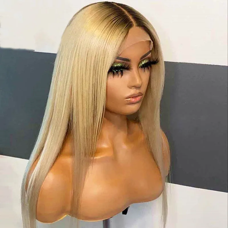 

Soft 26Inches Ombre Blonde Silky Straight 180%Density Preplucked Natural Hairline Glueless Lace Front Wig For Women Babyhair