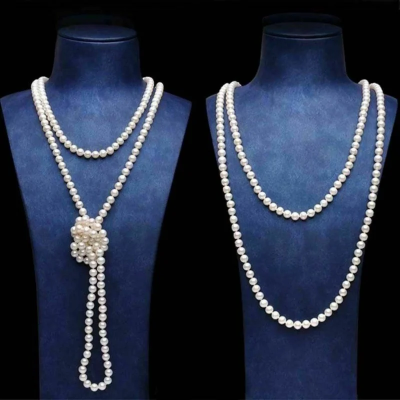

Красиво! Длинное ожерелье из искусственного жемчуга Akoya, натуральный белый жемчуг, 60 дюймов, 7-8 мм