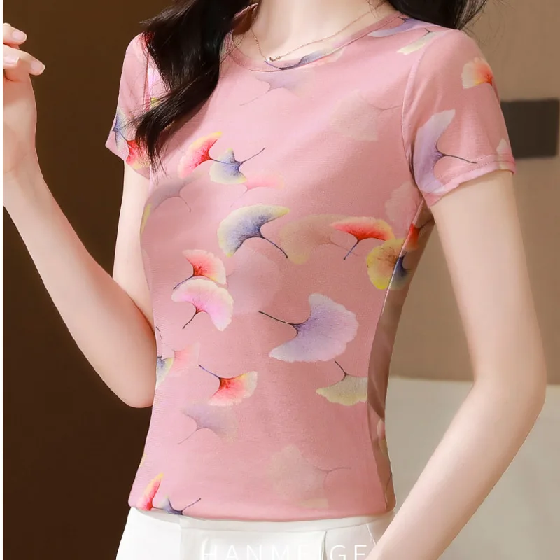 #6949 Pink Printed Mesh T Shirt Women O-neck Skinny T-shirt Short Sleeve Office Vintage Tshirt Female Thin Sexy Women's T-shirt
#6949 Pink Printed Mesh T Shirt Women O-neck Skinny T-shirt Short Sleeve Office Vintage Tshirt Female Thin Sexy Women's T-shirt