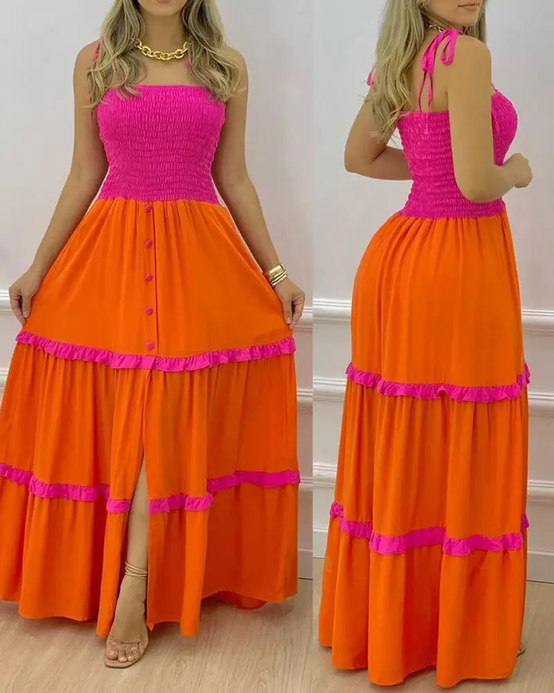 Women's Lightweight Lace-up Sundress for Women's Casual Frill Color Matching Robe Summer Women's Pleated Button Slit Long Dress
Women's Lightweight Lace-up Sundress for Women's Casual Frill Color Matching Robe Summer Women's Pleated Button Slit Long Dress