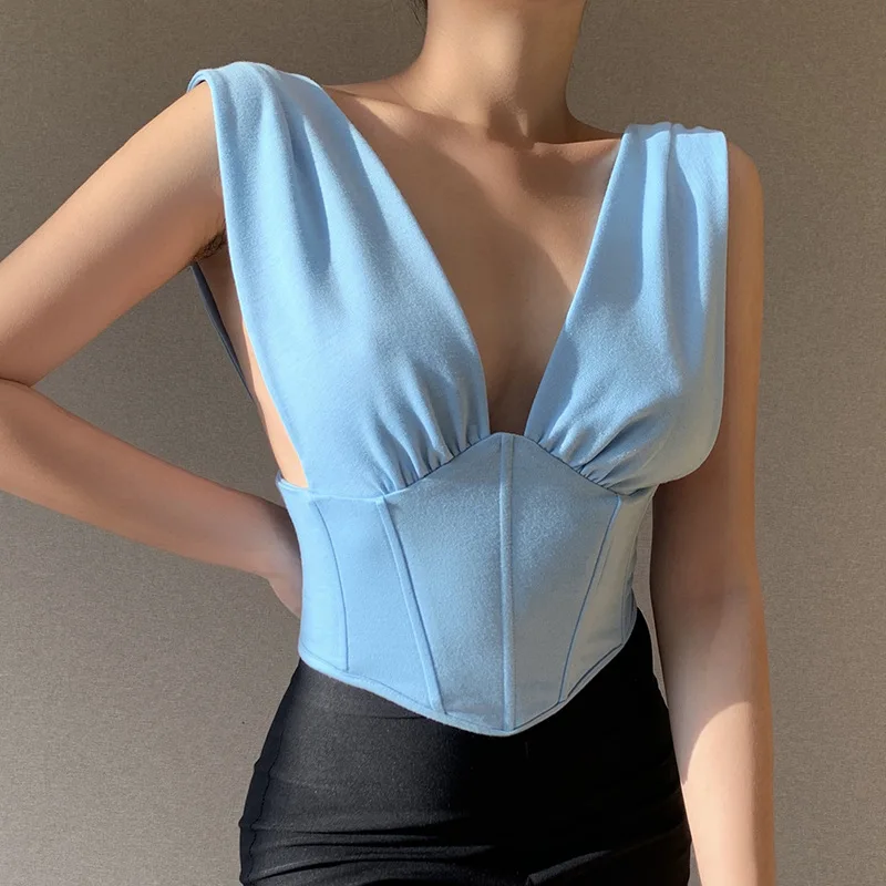 

2021 Summer Sexy Cropped Top Fashion Backless Deep V-Neck Crop Blue Tops for Women Boned Sleeveless Lace Up Tees Female Indie